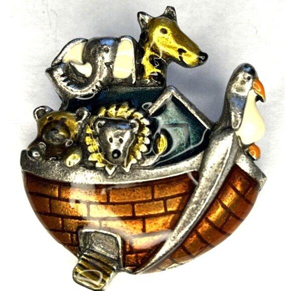 AJMC Pewter & Enamel Noah’s Ark Brooch Pin Vintage Signed - Picture 2 of 14